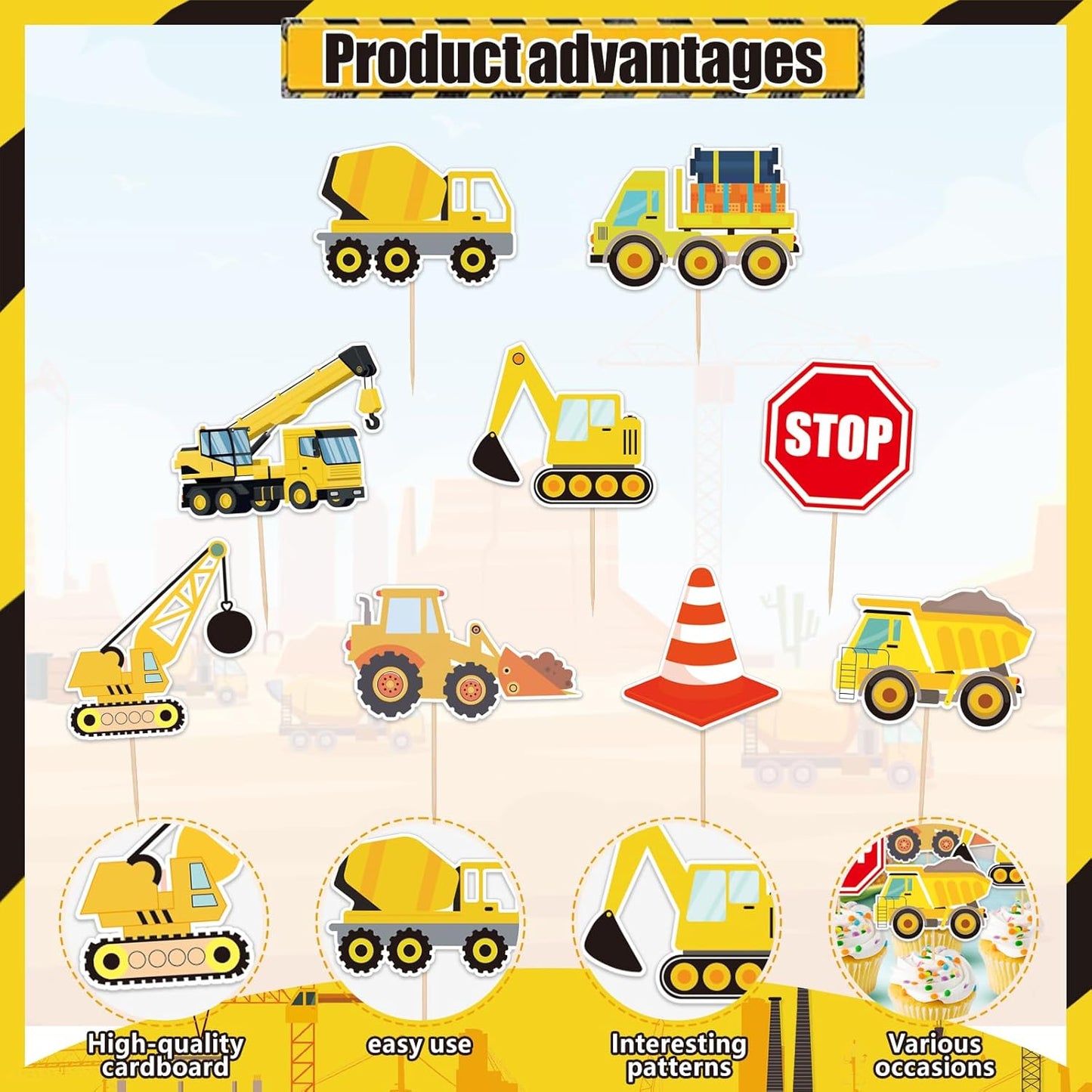 Construction Cupcake Toppers - 12 Pieces